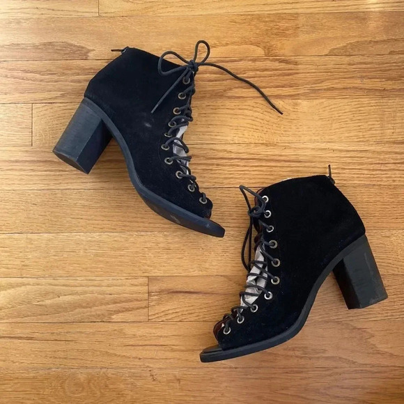 Jeffrey Campbell Cors Peep Toe Suede sz 8.5 black laces open front 3” heel NWOT - Picture 5 of 13